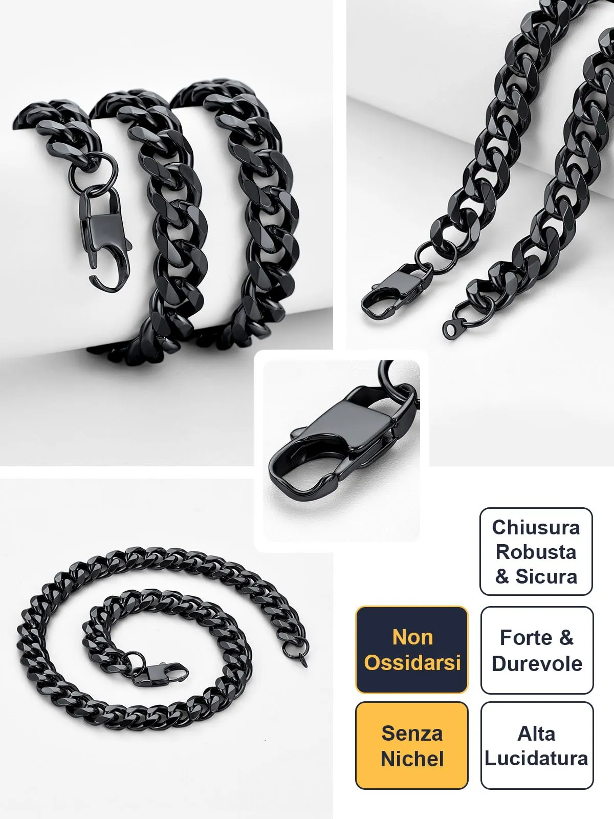 U7 Collana Uomo Catena Cubana in Acciaio Inox, Nera, 12 mm x 55 cm - immagine 3
