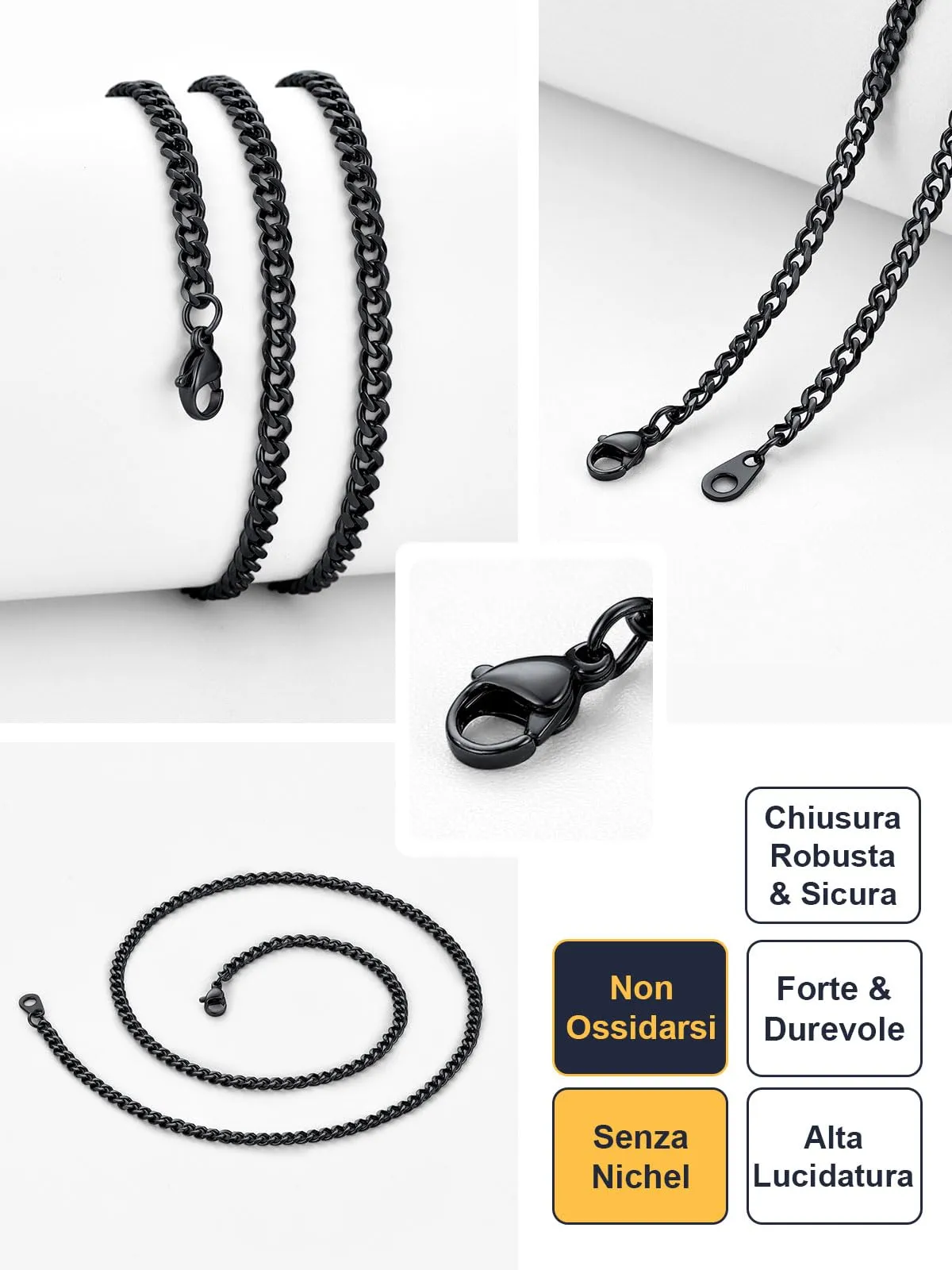 U7 Collana Catena Cubana in Acciaio Inox Nera, 3 mm x 51 cm - immagine 4
