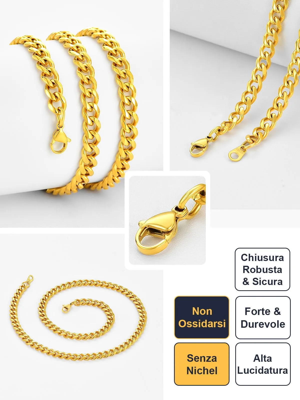 U7 Collana Uomo Catena Cubana in Acciaio Inox Oro 9 mm - 51 cm - immagine 4