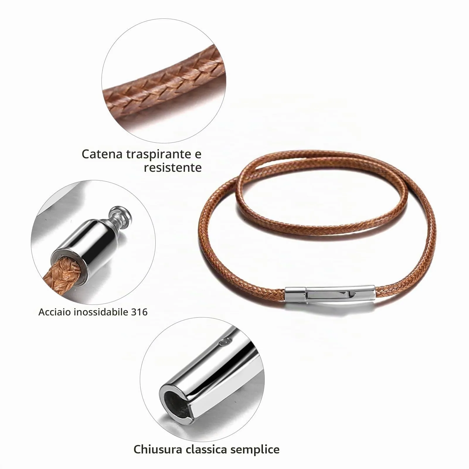 RWQIAN Collana in Pelle Sintetica Intrecciata Marrone con Chiusura in Acciaio Inossidabile, 46cm, 2mm - immagine 2
