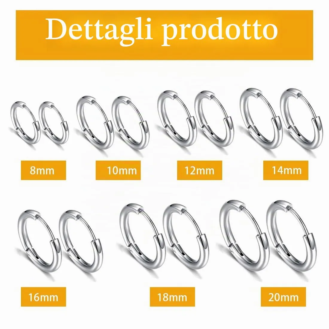 GNALIA Orecchini a Cerchio in Acciaio Inossidabile, Set da 7 Paia, Argento, 8/10/12/14/16/18/20mm - immagine 2