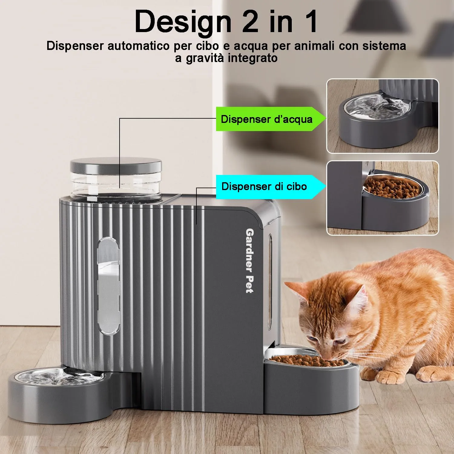 Gardner Pet Distributore 2 in 1 Cibo e Acqua per Gatti, 3L*2, Grigio Scuro - immagine 2