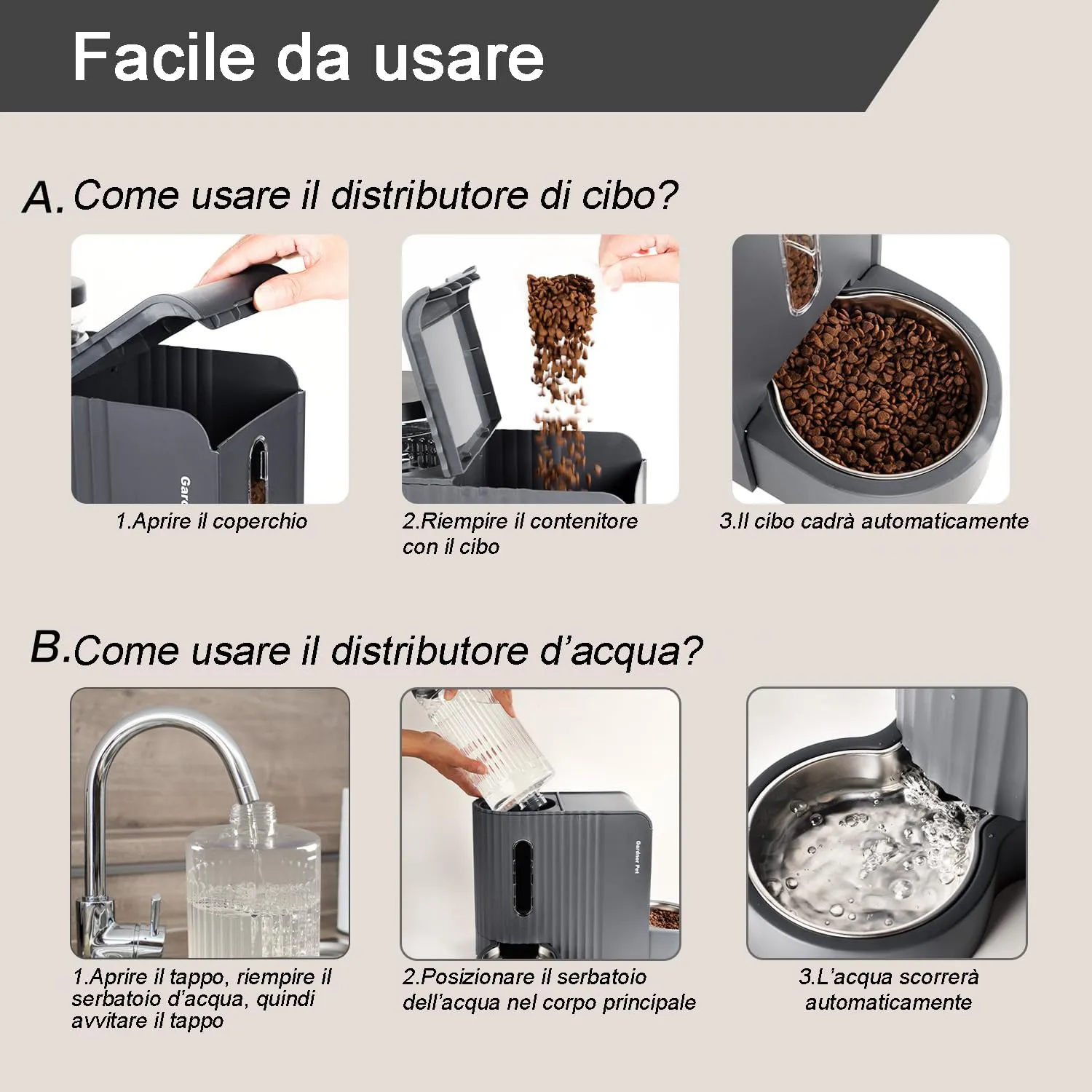 Gardner Pet Distributore 2 in 1 Cibo e Acqua per Gatti 6L*2, Grigio Scuro - immagine 5