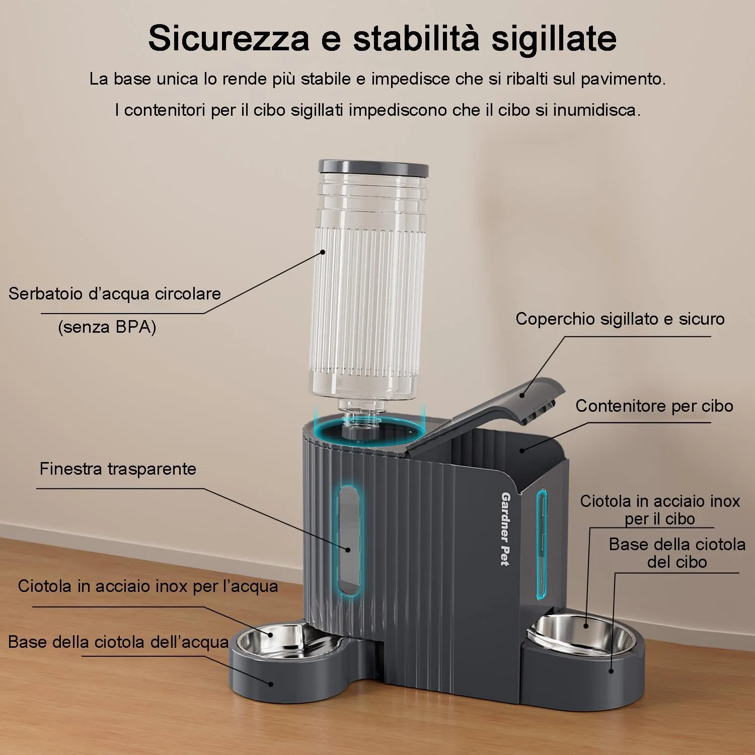 Gardner Pet Distributore 2 in 1 Cibo e Acqua per Gatti 6L*2, Grigio Scuro - immagine 8