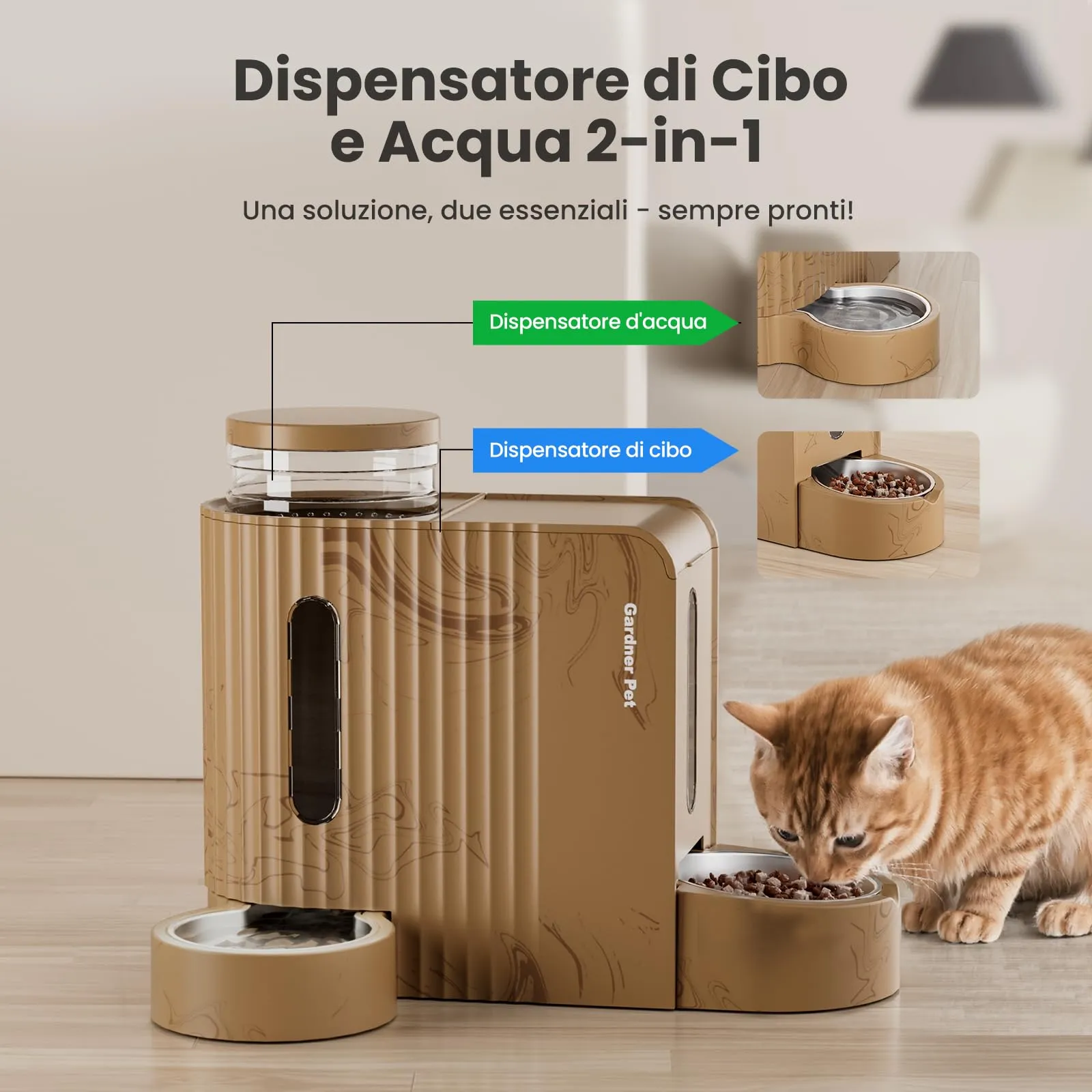 Gardner Pet Distributore 2 in 1 Cibo e Acqua per Gatti 3L*2, Grana Legno Chiaro - immagine 2