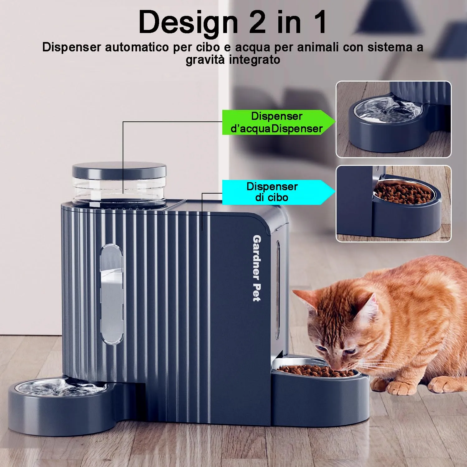 Gardner Pet Distributore 2 in 1 Cibo e Acqua per Gatti 3L*2, Blu Scuro - immagine 2