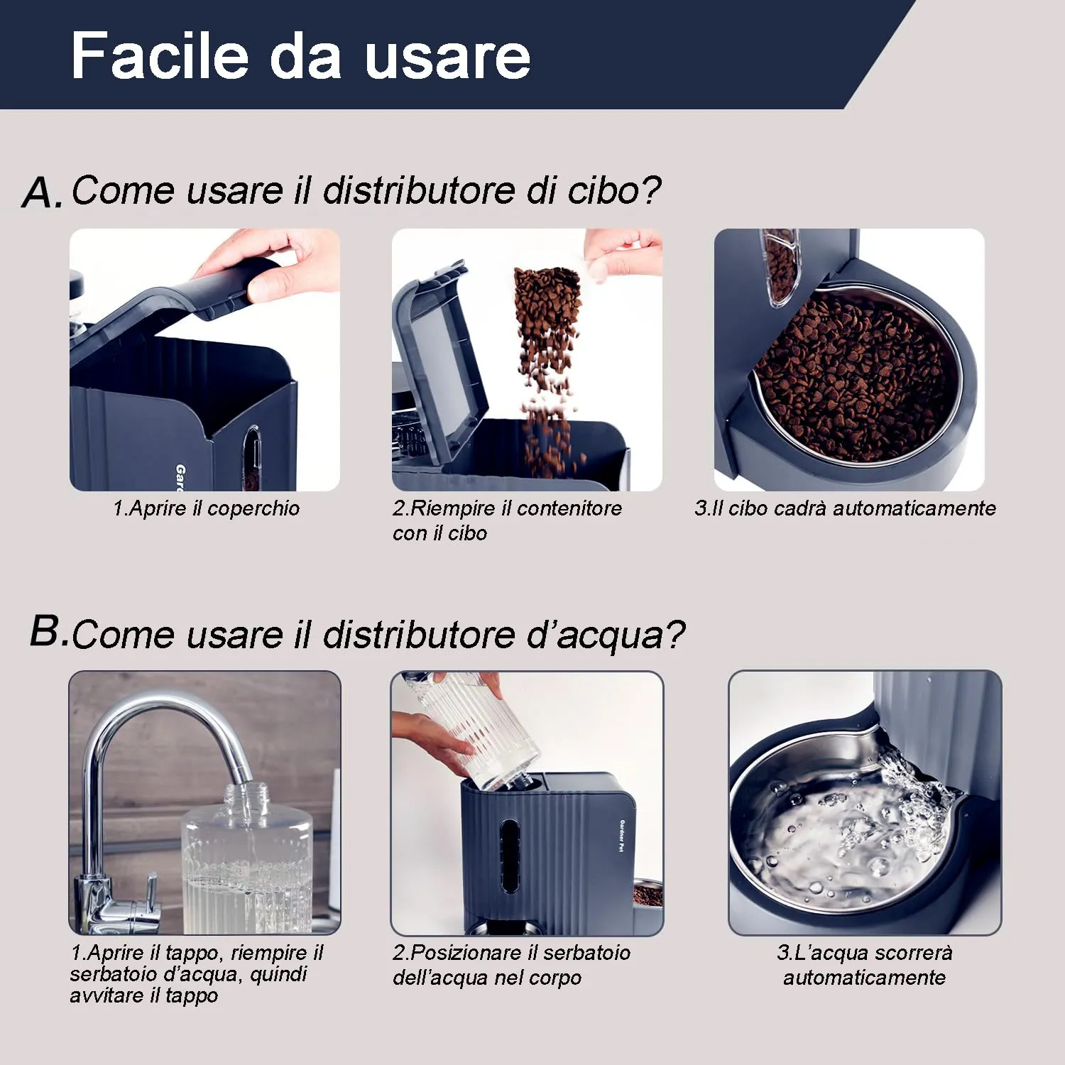 Gardner Pet Distributore 2 in 1 Cibo e Acqua per Gatti 3L*2, Blu Scuro - immagine 6