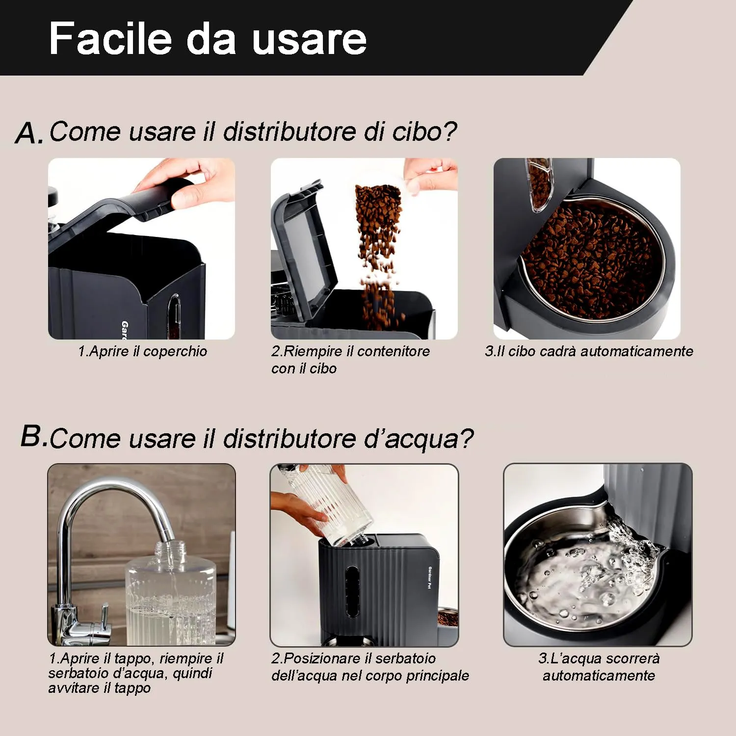 Gardner Pet Distributore 2 in 1 Cibo e Acqua per Gatti 6L*2, Nero - immagine 5