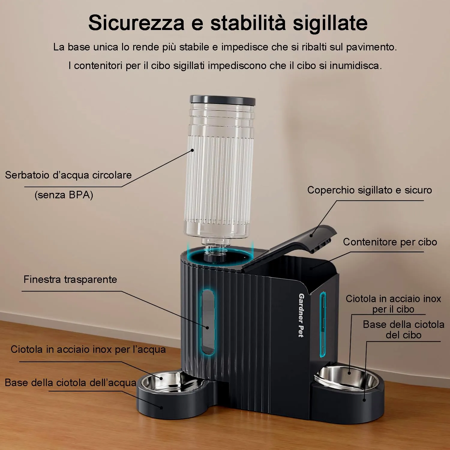 Gardner Pet Distributore 2 in 1 Cibo e Acqua per Gatti 6L*2, Nero - immagine 8