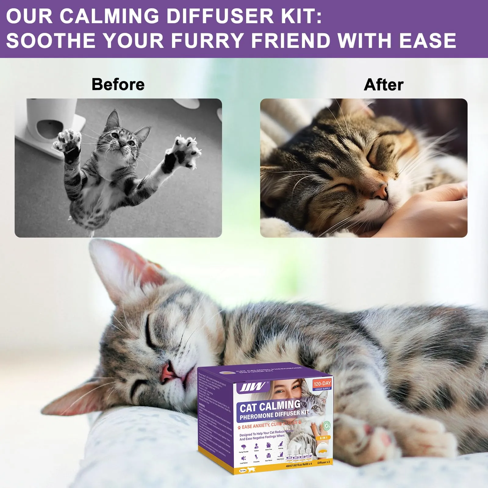 JJW Kit Diffusore di Feromoni Calmanti 6 in 1 per Gatti, 2 Diffusori e 4 Ricariche, Viola, S - immagine 6