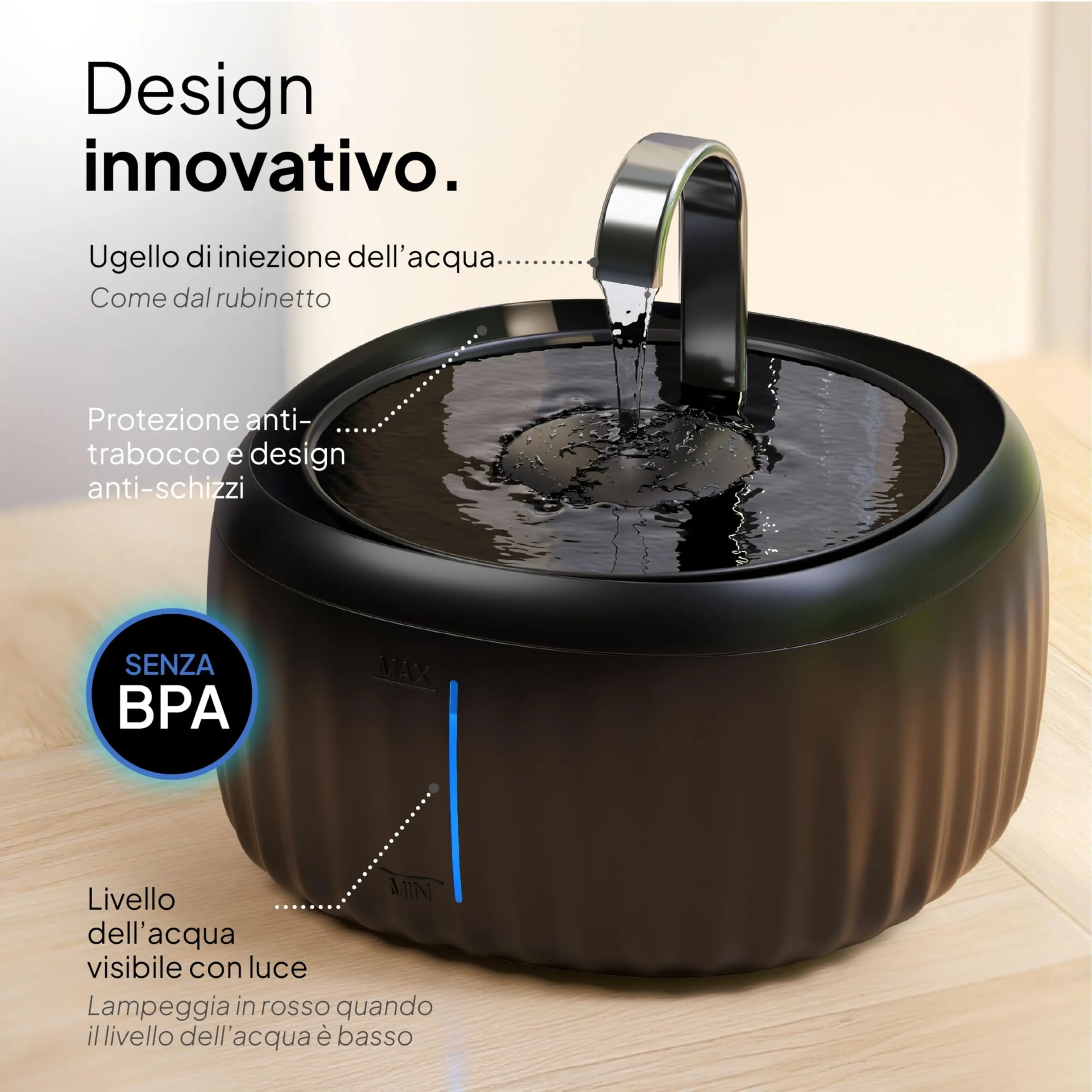 Pretty Paw Fontanella per Gatti 3L con LED Livello Acqua, Nero - immagine 2