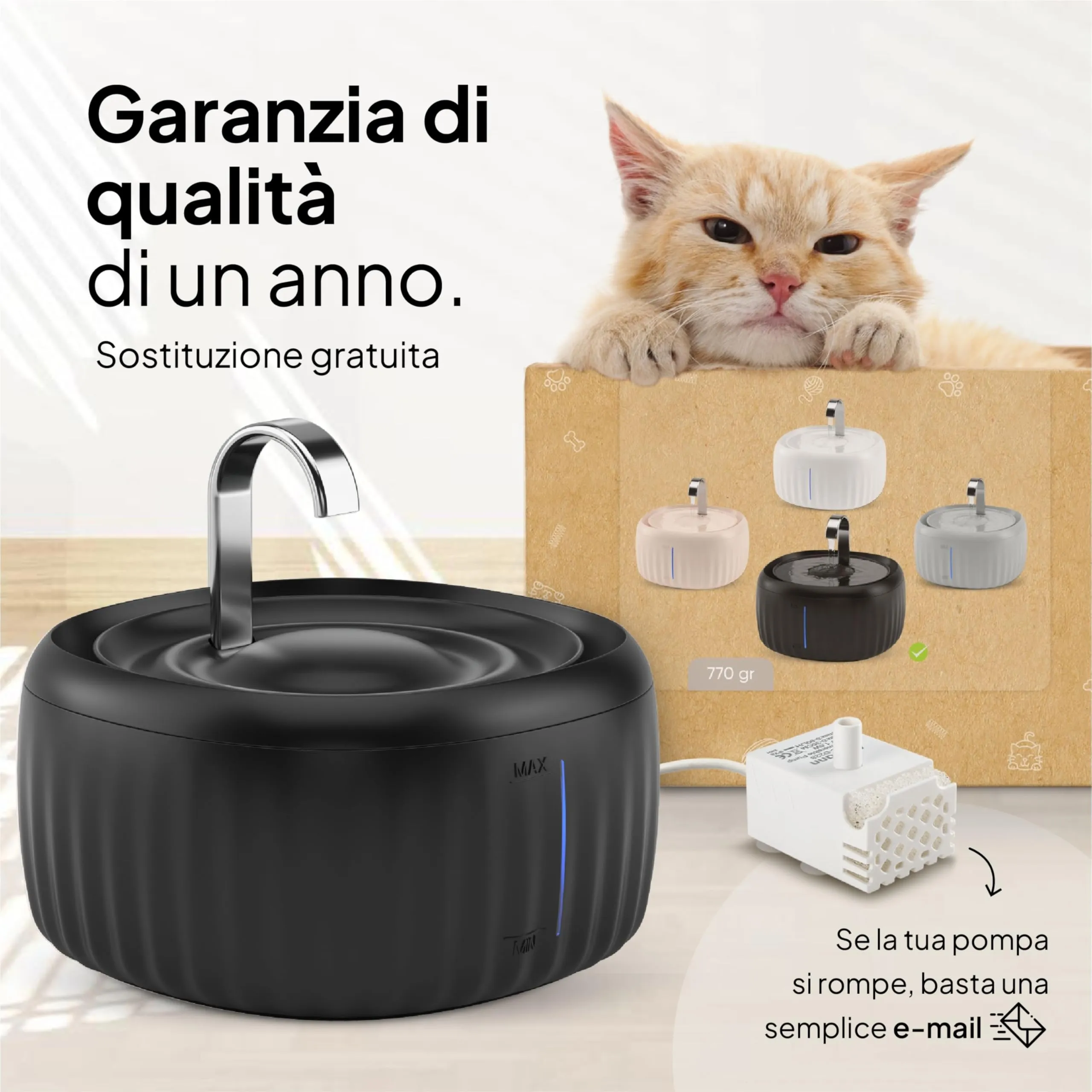 Pretty Paw Fontanella per Gatti 3L con LED Livello Acqua, Nero - immagine 7