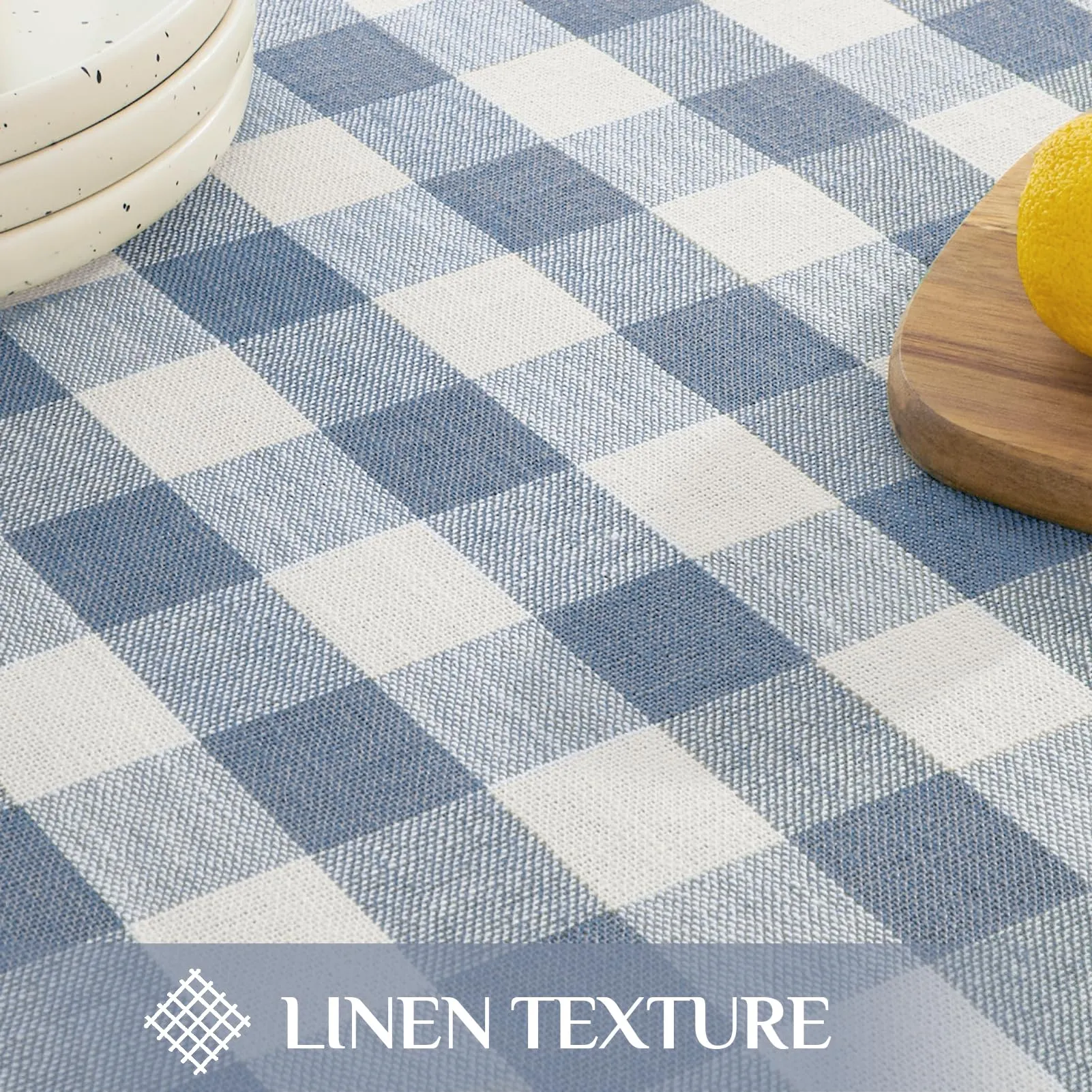 Softalker Tovaglia Rettangolare a Quadretti in Cotone e Lino con Nappine, 139,7 x 259 cm, Blu - immagine 5