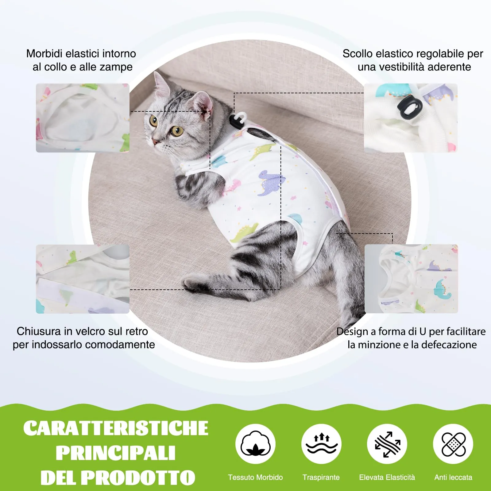 DoggieKit Tuta da Recupero Post-Operatoria per Gatti, Alternativa al Collare Elisabettiano, Taglia L, Dinosauro - immagine 2