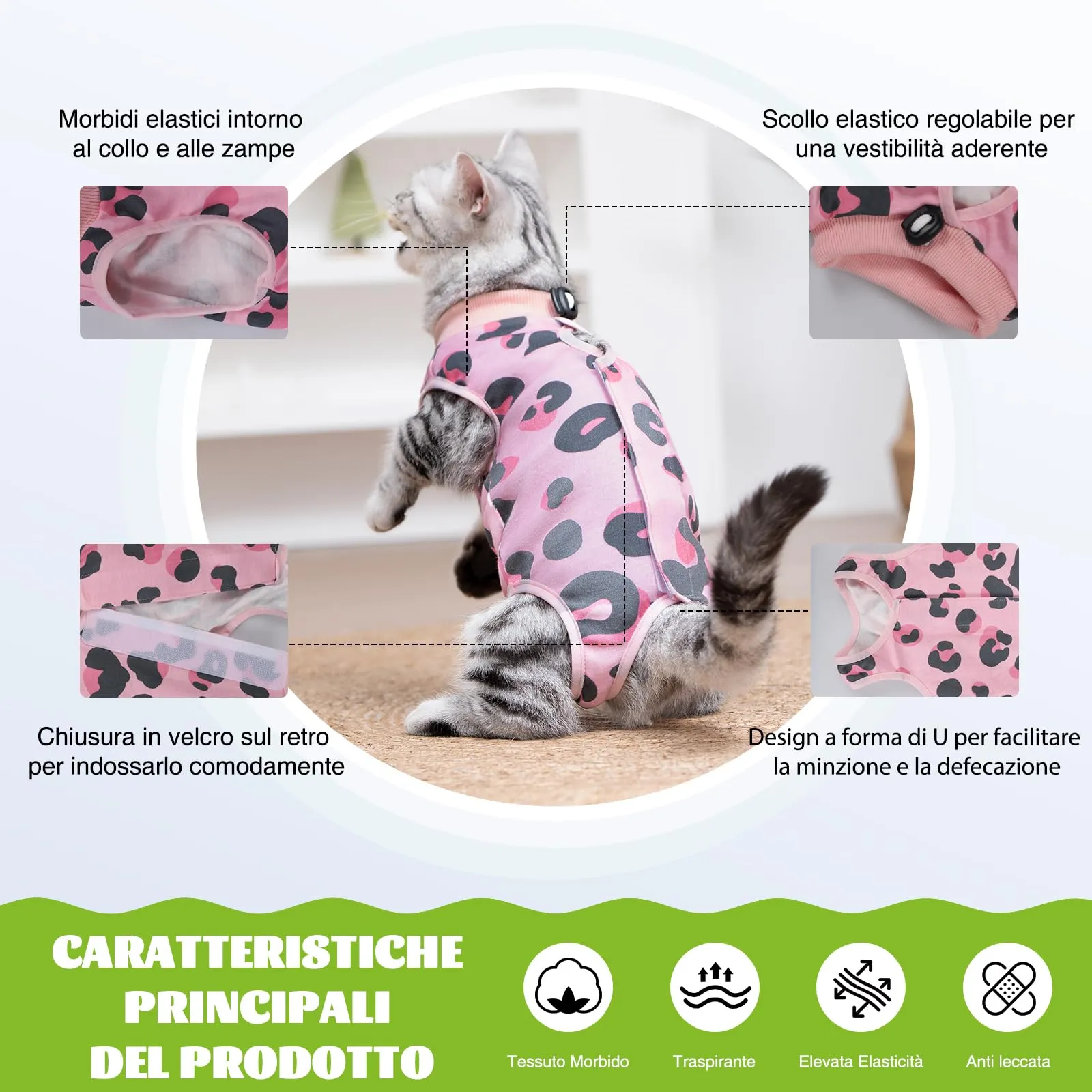 DoggieKit Tuta da Recupero Post-Operatoria per Gatti, Alternativa al Collare Elisabettiano per Sterilizzazione e Ferite Addominali, Taglia M, Leopardo - immagine 2