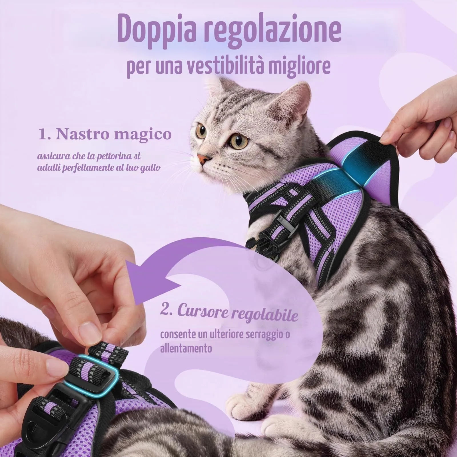 rabbitgoo Pettorina e Guinzaglio Antifuga per Gatto, Imbracatura Riflettente e Regolabile, Taglia M, Viola Chiaro - immagine 3