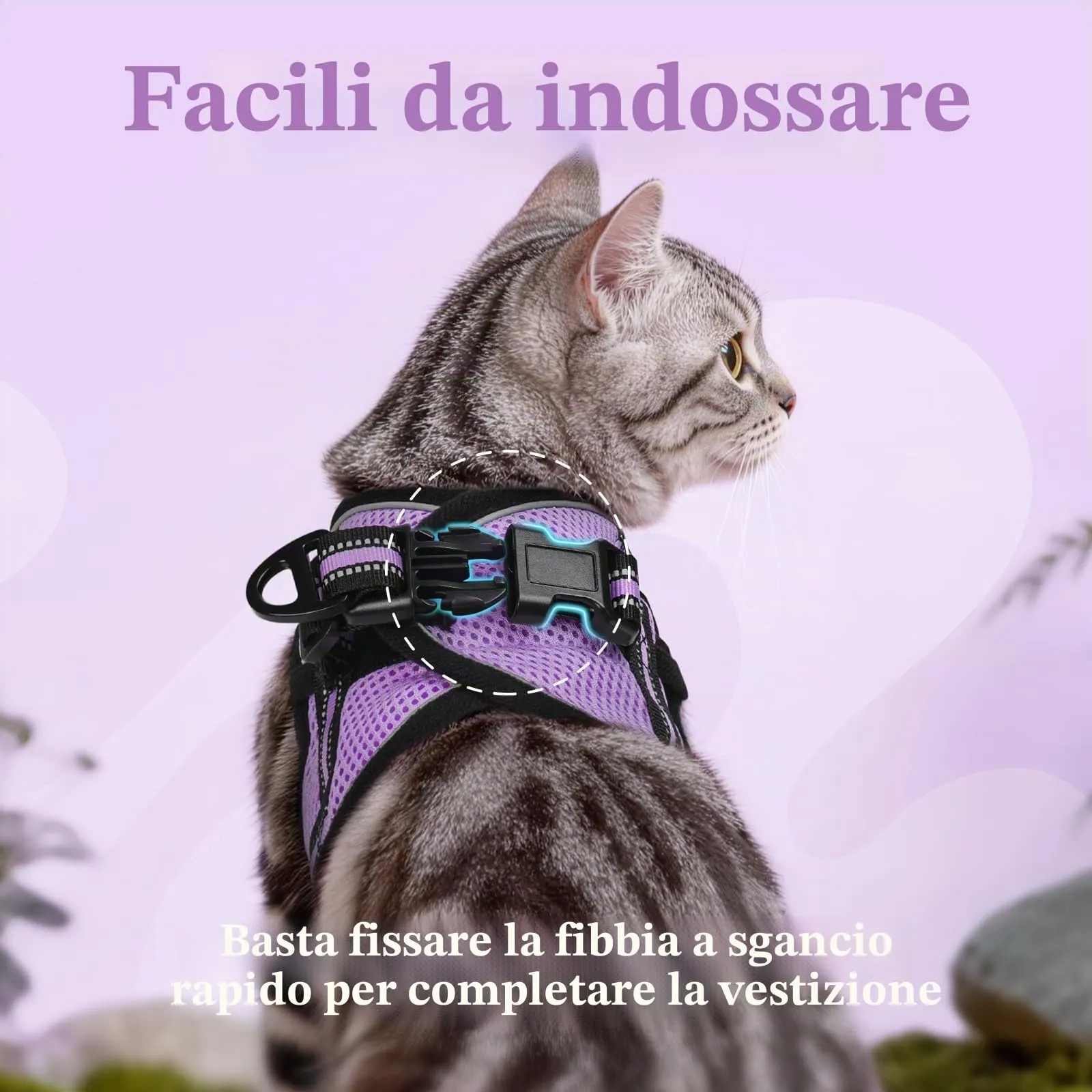 rabbitgoo Pettorina e Guinzaglio Antifuga per Gatto, Imbracatura Riflettente e Regolabile, Taglia M, Viola Chiaro - immagine 4