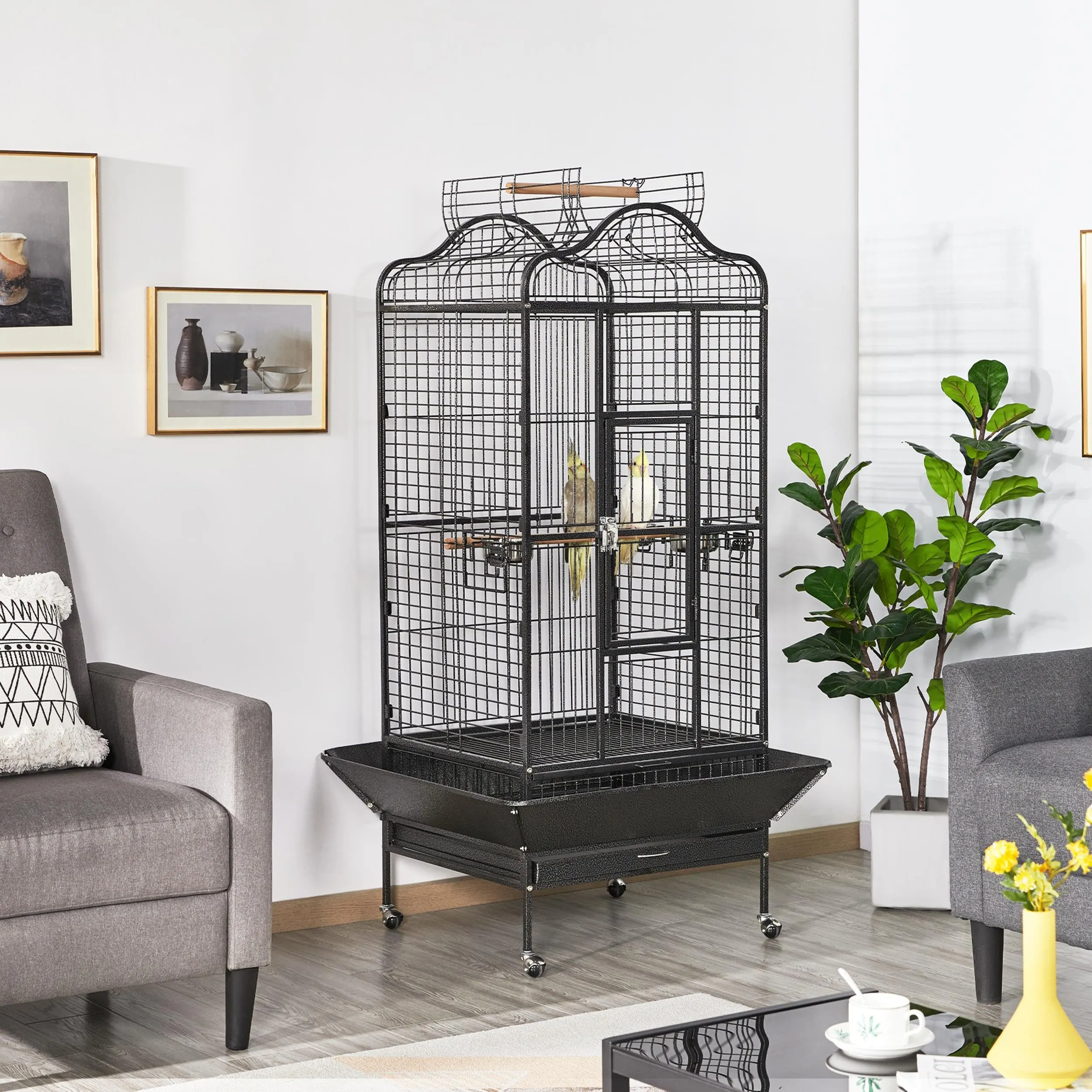 Yaheetech Gabbia Voliera in Metallo per Pappagalli, 81 x 77 x 160 cm, Nero - immagine 2
