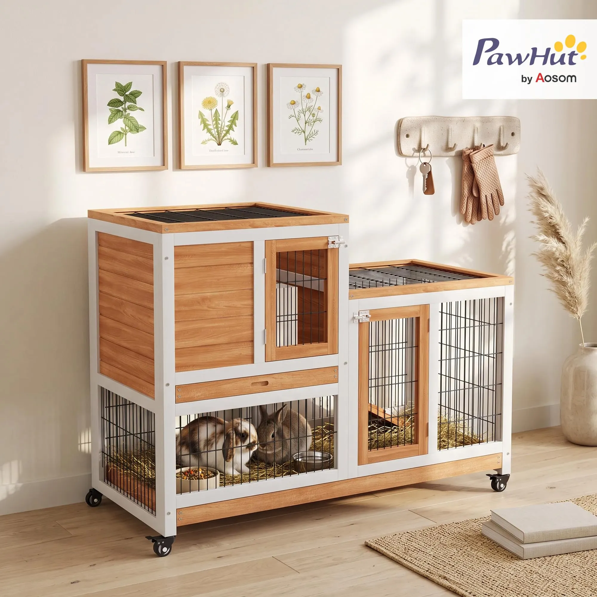 PawHut Conigliera da Interno in Legno Abete con Ruote, 110x50x88cm, Giallo - immagine 2