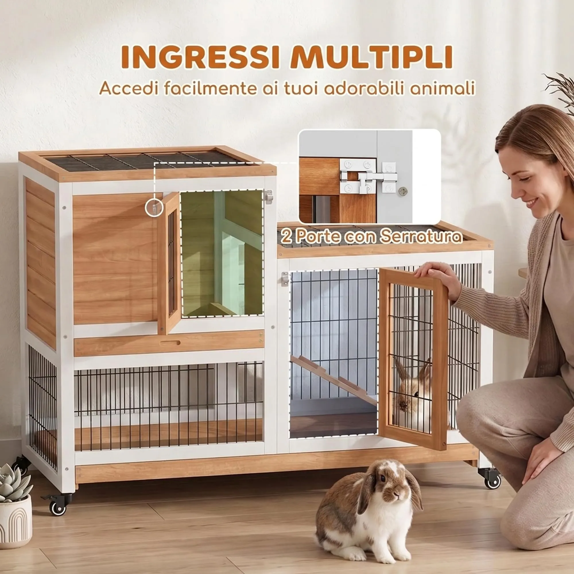 PawHut Conigliera da Interno in Legno Abete con Ruote, 110x50x88cm, Giallo - immagine 4