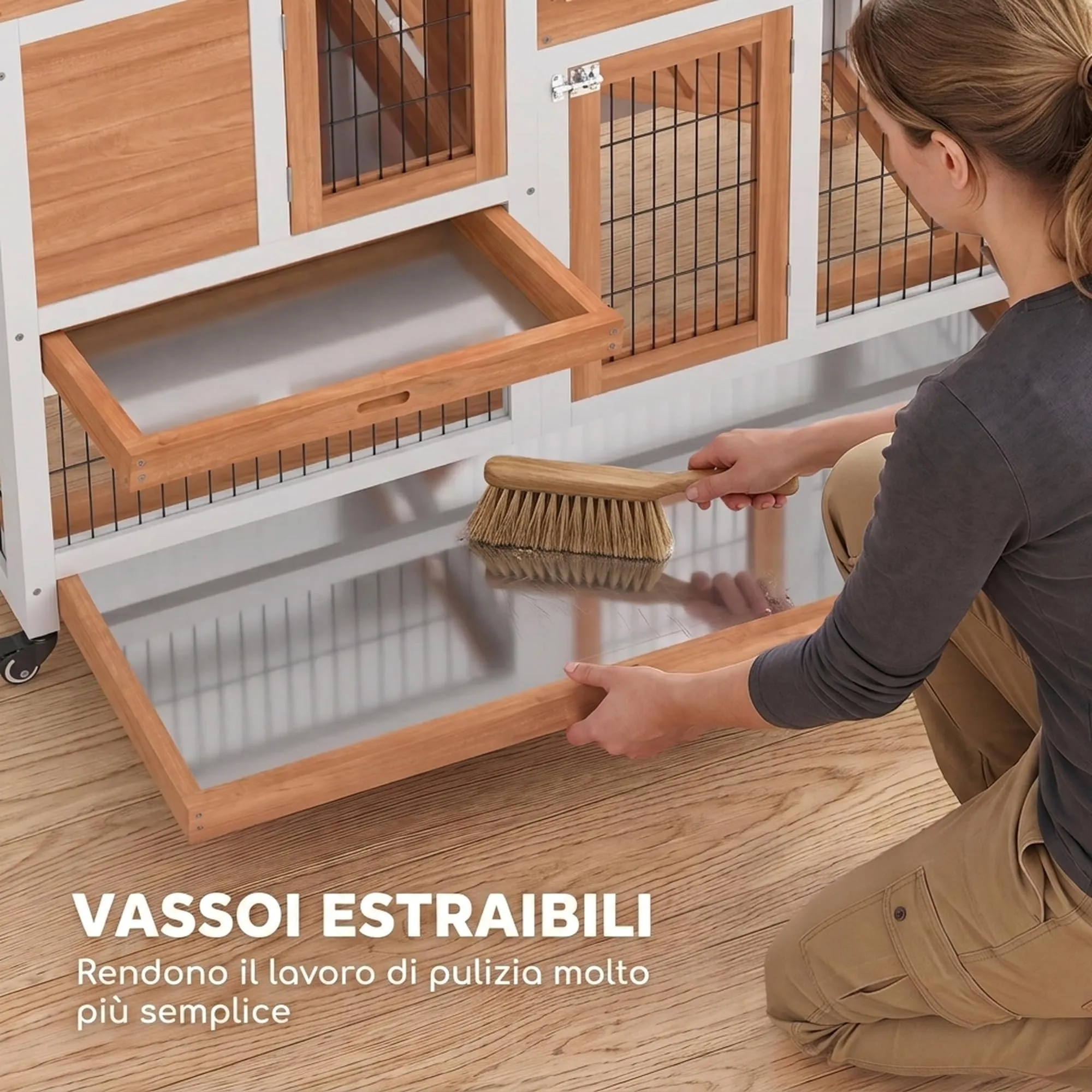 PawHut Conigliera da Interno in Legno Abete con Ruote, 110x50x88cm, Giallo - immagine 5