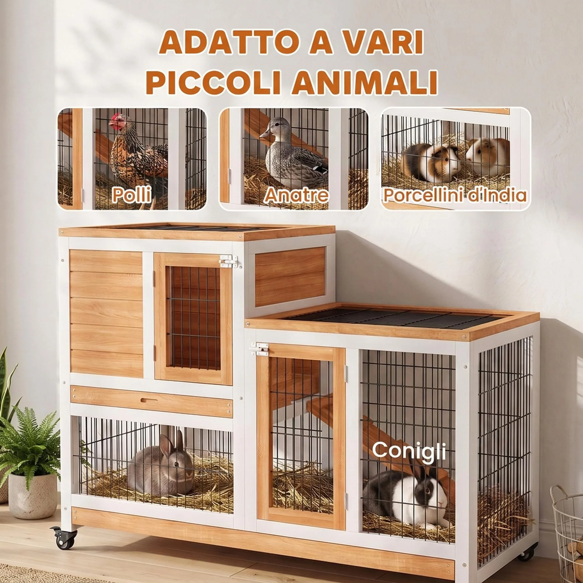 PawHut Conigliera da Interno in Legno Abete con Ruote, 110x50x88cm, Giallo - immagine 7