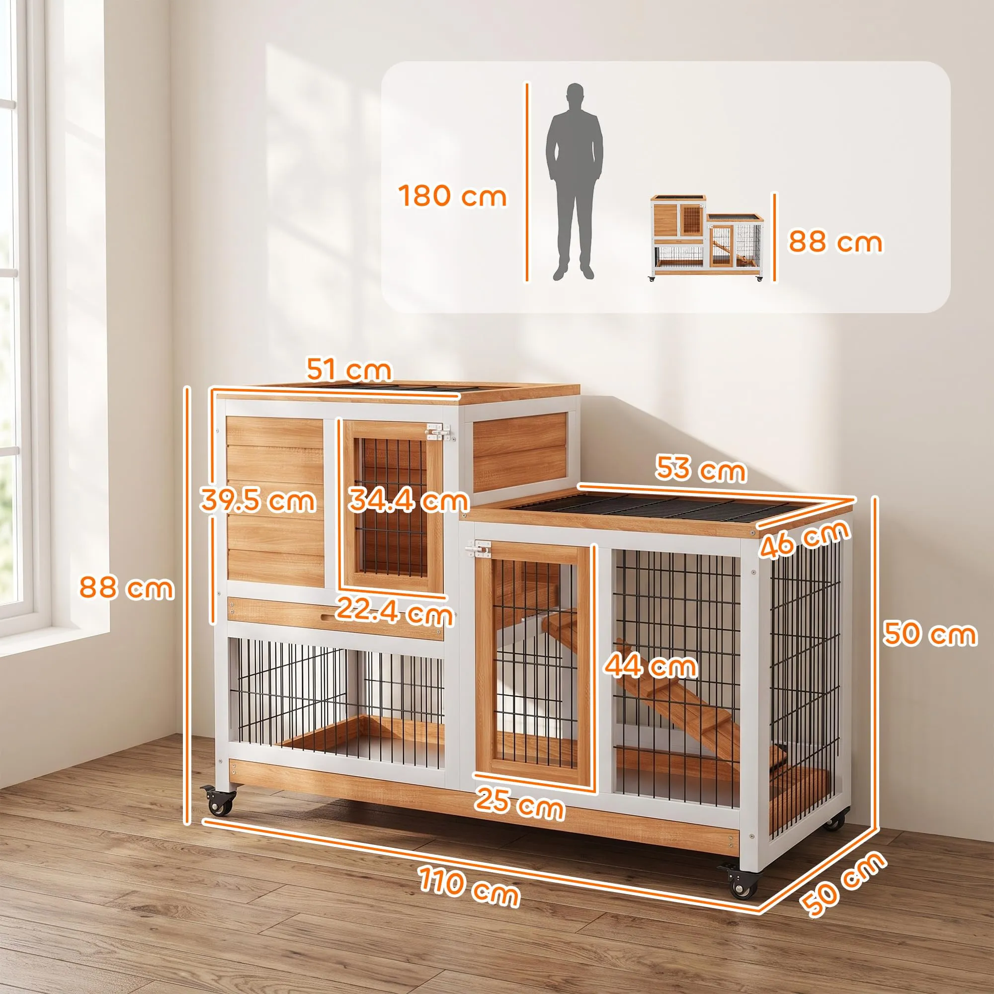 PawHut Conigliera da Interno in Legno Abete con Ruote, 110x50x88cm, Giallo - immagine 8