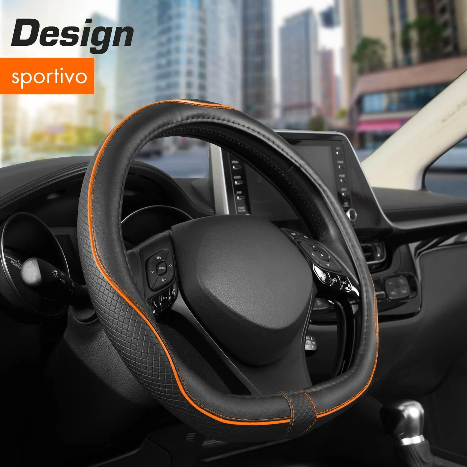 Upgrade4cars Coprivolante Tipo D Arancione Nero Finta Pelle 37-38 cm - immagine 2