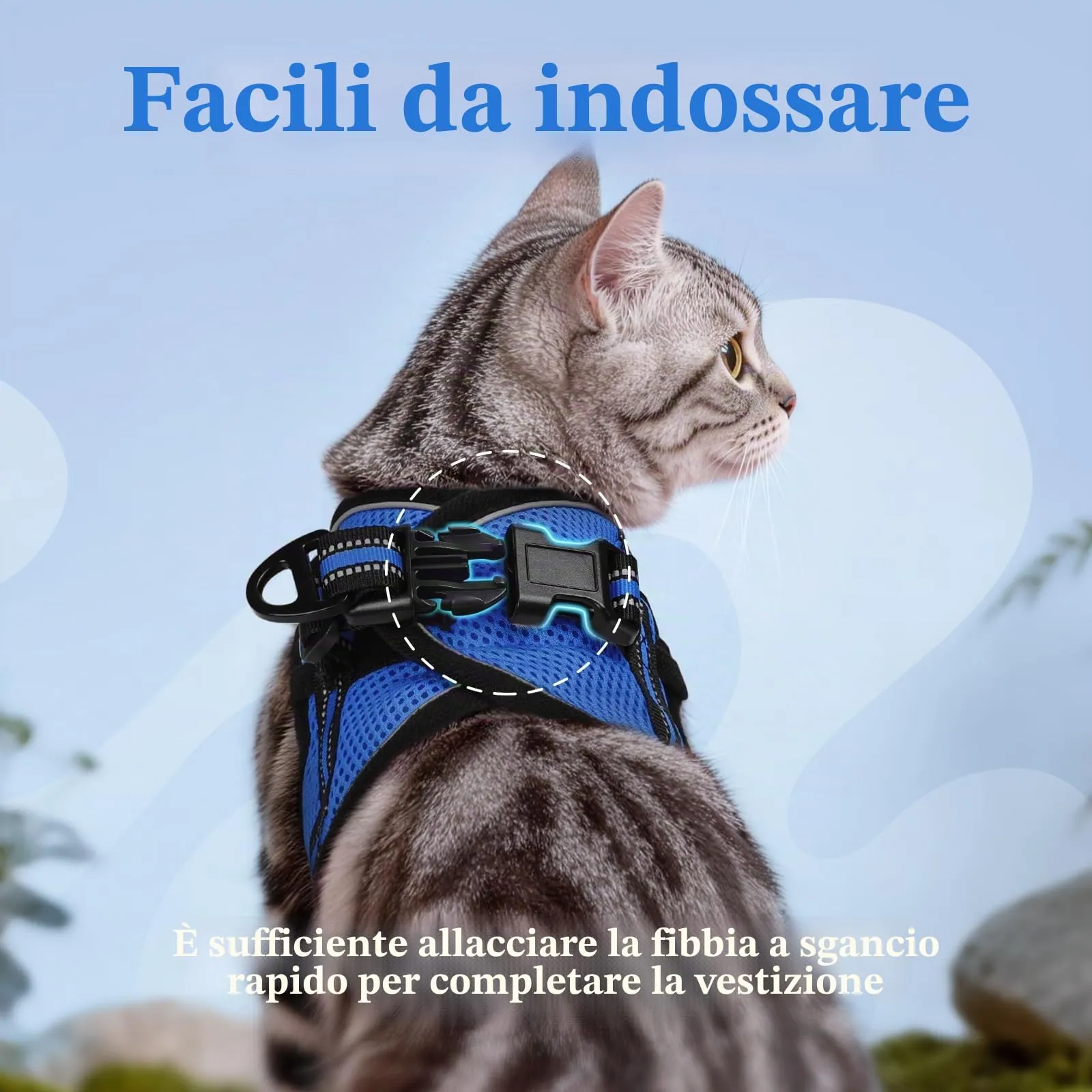 rabbitgoo Pettorina Antifuga e Guinzaglio per Gatti, Imbracatura Riflettente Regolabile, S, Blu - immagine 4