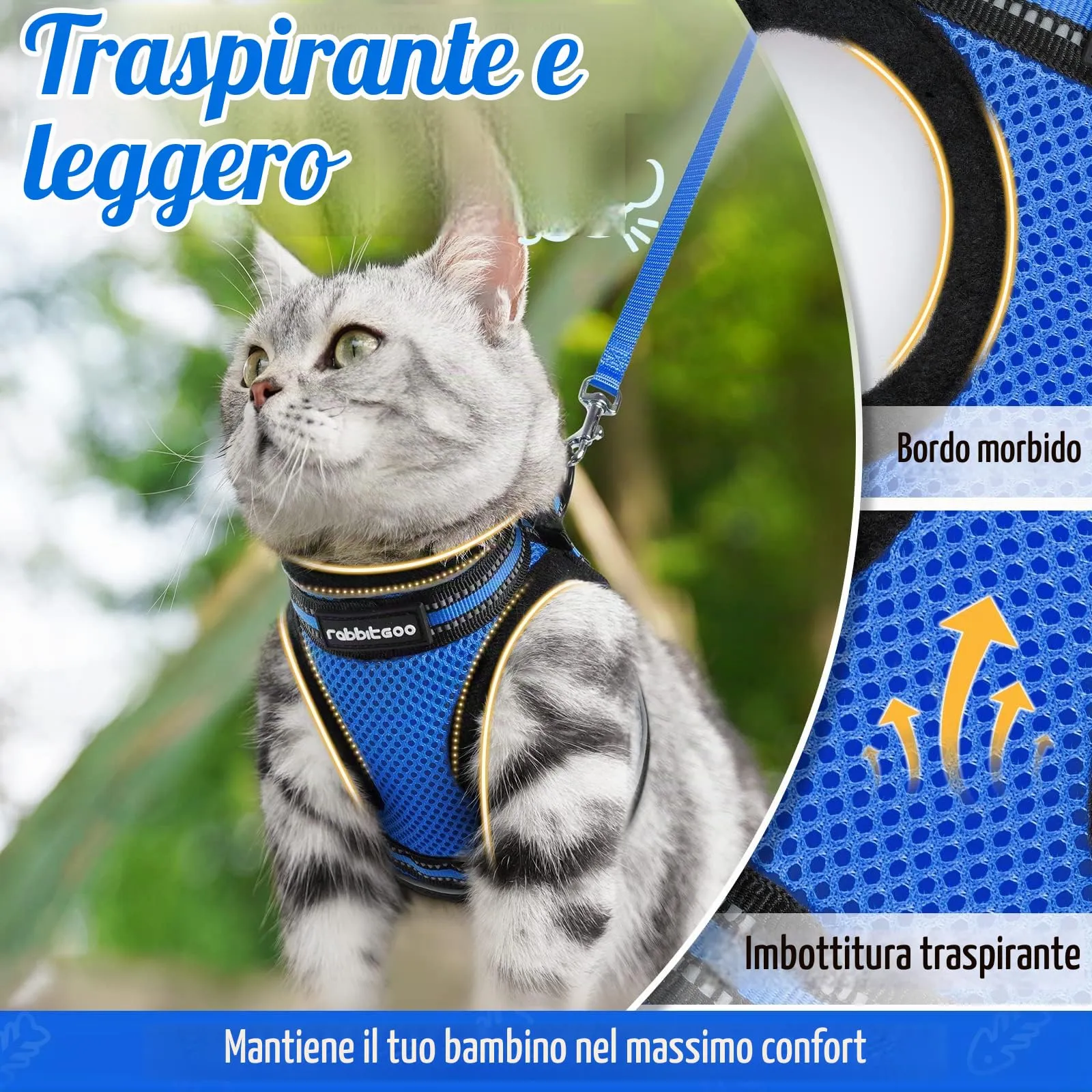 rabbitgoo Pettorina e Guinzaglio Antifuga per Gatti, Riflettente, Taglia M, Blu - immagine 4