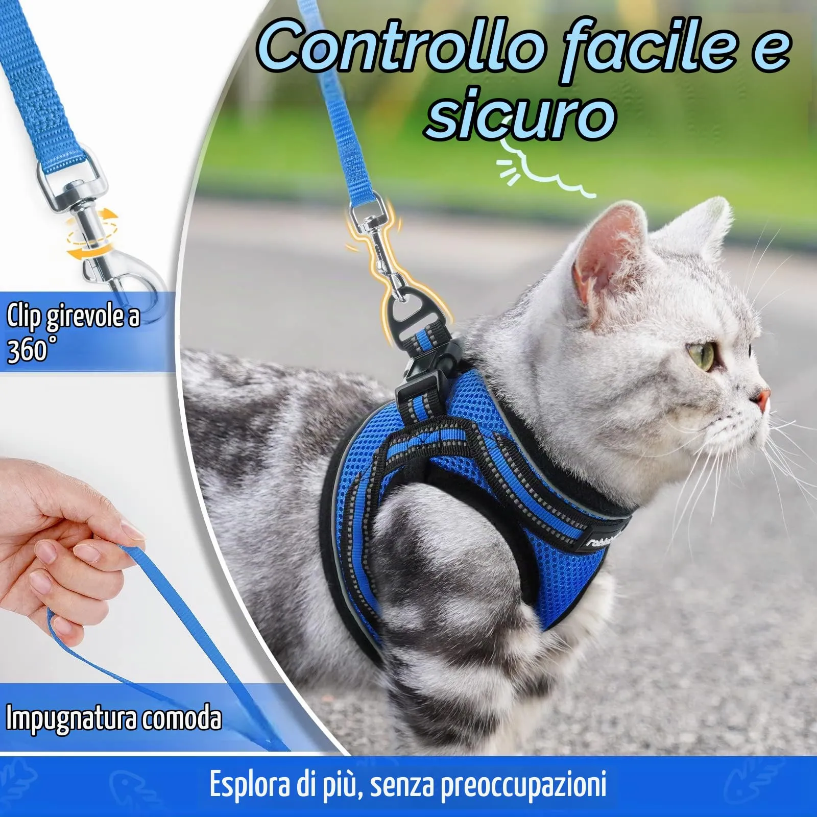 rabbitgoo Pettorina e Guinzaglio Antifuga per Gatti, Riflettente, Taglia M, Blu - immagine 6