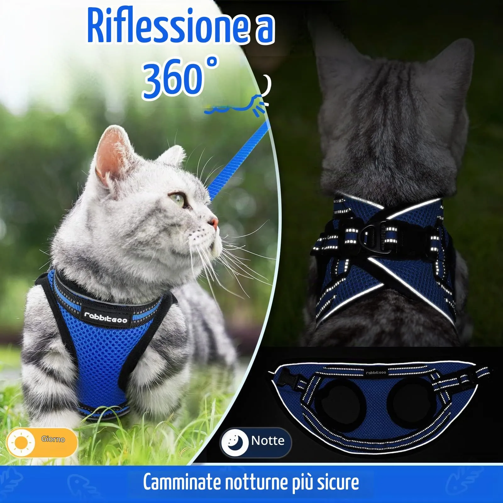 rabbitgoo Pettorina e Guinzaglio Antifuga per Gatti, Riflettente, Taglia M, Blu - immagine 8