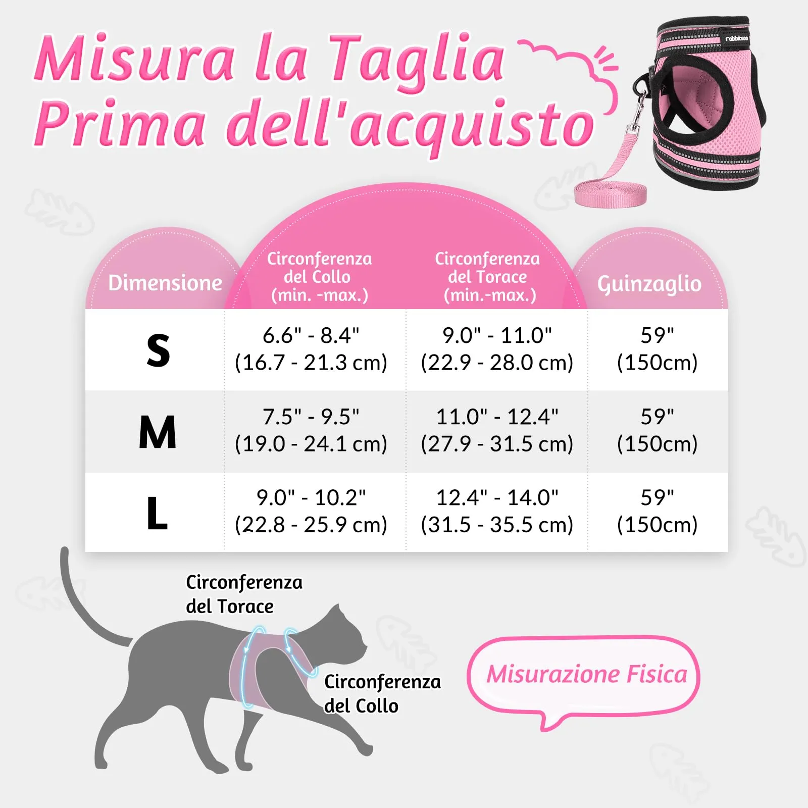 rabbitgoo Pettorina e Guinzaglio Antifuga per Gatti, Imbracatura Riflettente e Regolabile, M, Rosa - immagine 3