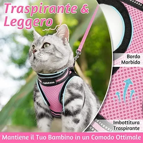 rabbitgoo Pettorina e Guinzaglio Antifuga per Gatti, Imbracatura Riflettente e Regolabile, M, Rosa - immagine 5