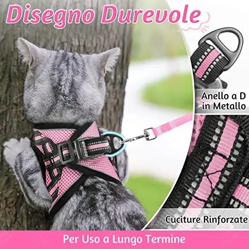 rabbitgoo Pettorina e Guinzaglio Antifuga per Gatti, Imbracatura Riflettente e Regolabile, M, Rosa - immagine 6