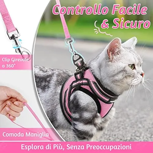 rabbitgoo Pettorina e Guinzaglio Antifuga per Gatti, Imbracatura Riflettente e Regolabile, M, Rosa - immagine 7