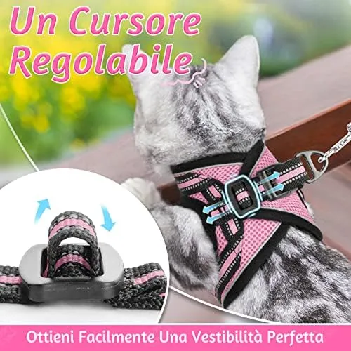 rabbitgoo Pettorina e Guinzaglio Antifuga per Gatti, Imbracatura Riflettente e Regolabile, M, Rosa - immagine 8