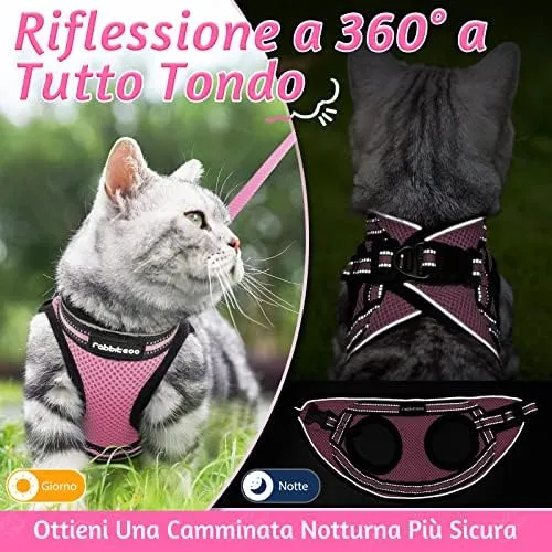 rabbitgoo Pettorina e Guinzaglio Antifuga per Gatti, Imbracatura Riflettente e Regolabile, M, Rosa - immagine 9