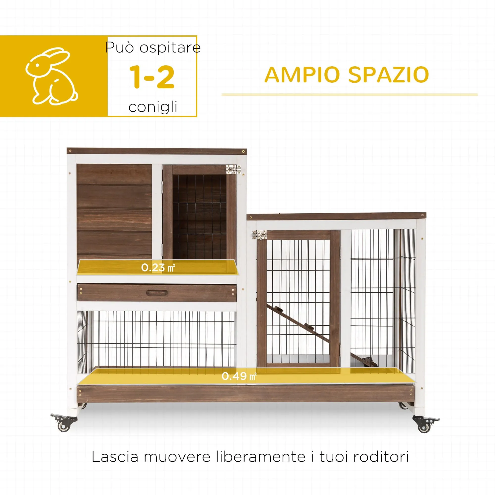 PawHut Conigliera da Interno in Legno Abete con Ruote 110x50x88cm Marrone - immagine 3