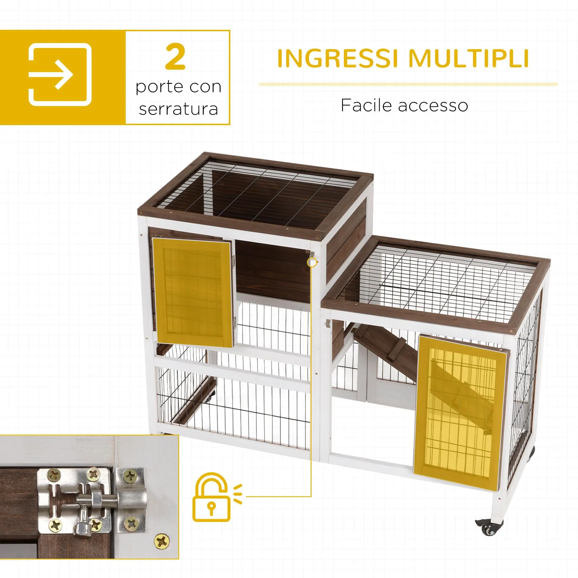PawHut Conigliera da Interno in Legno Abete con Ruote 110x50x88cm Marrone - immagine 4