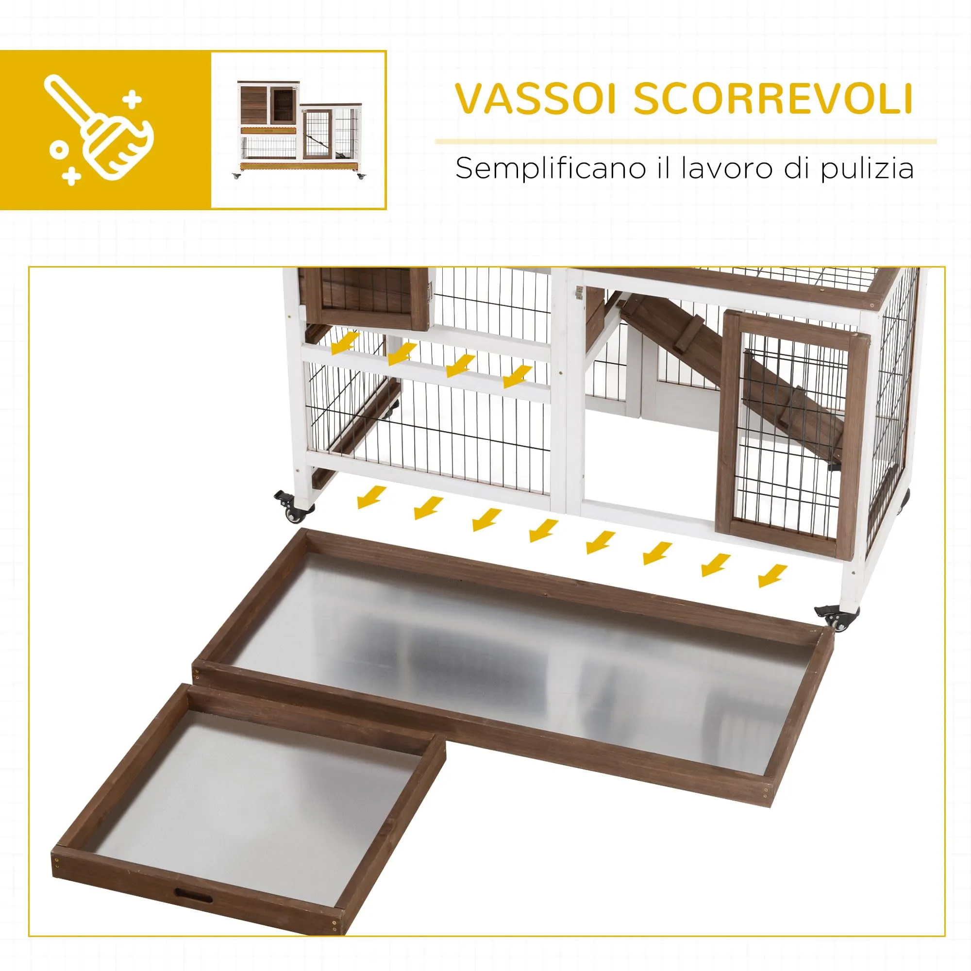 PawHut Conigliera da Interno in Legno Abete con Ruote 110x50x88cm Marrone - immagine 5