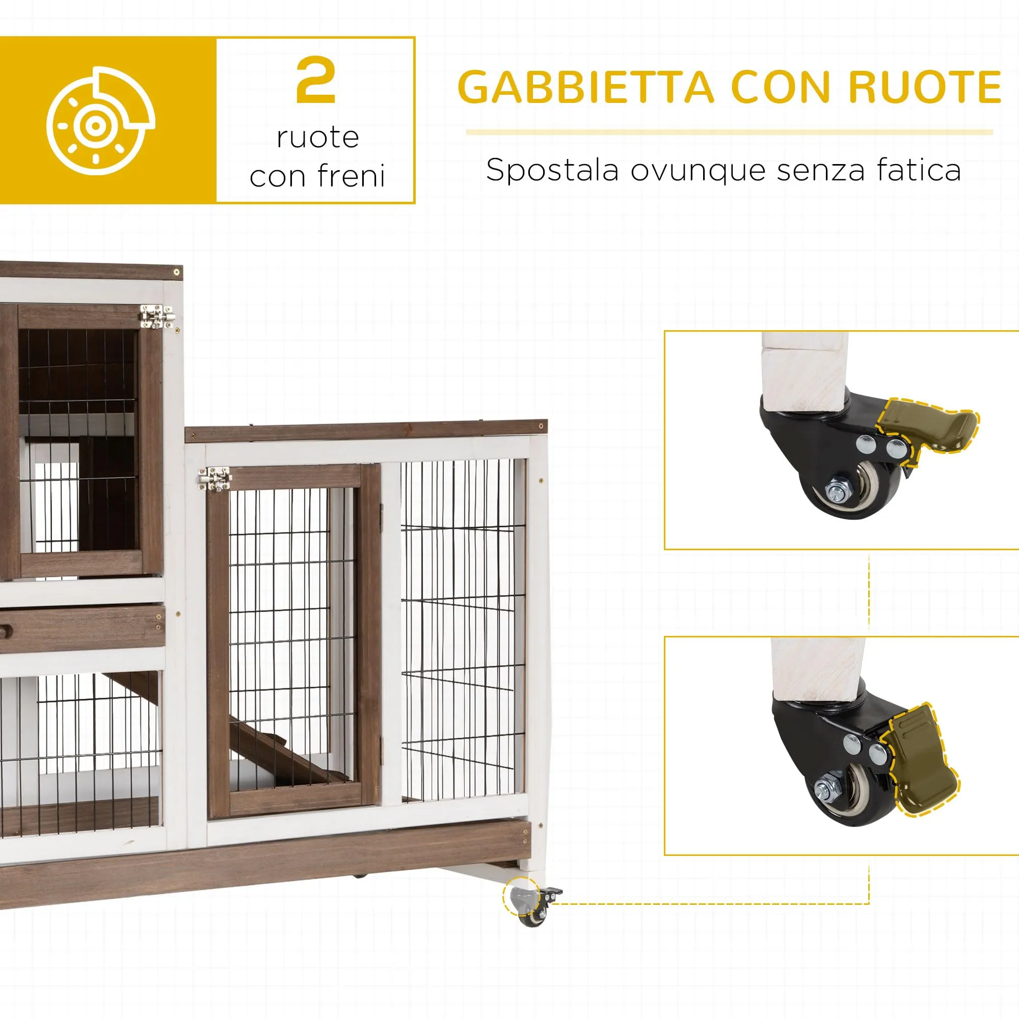 PawHut Conigliera da Interno in Legno Abete con Ruote 110x50x88cm Marrone - immagine 6