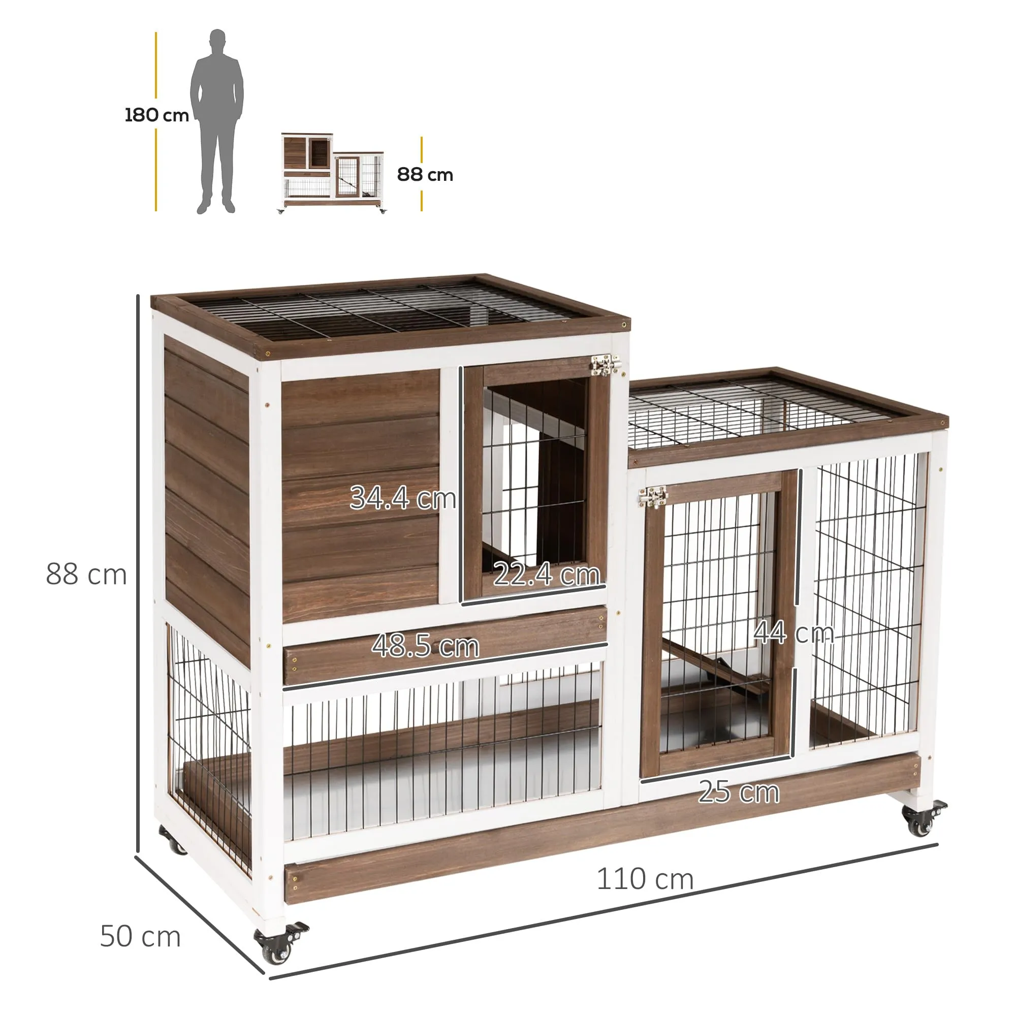 PawHut Conigliera da Interno in Legno Abete con Ruote 110x50x88cm Marrone - immagine 7