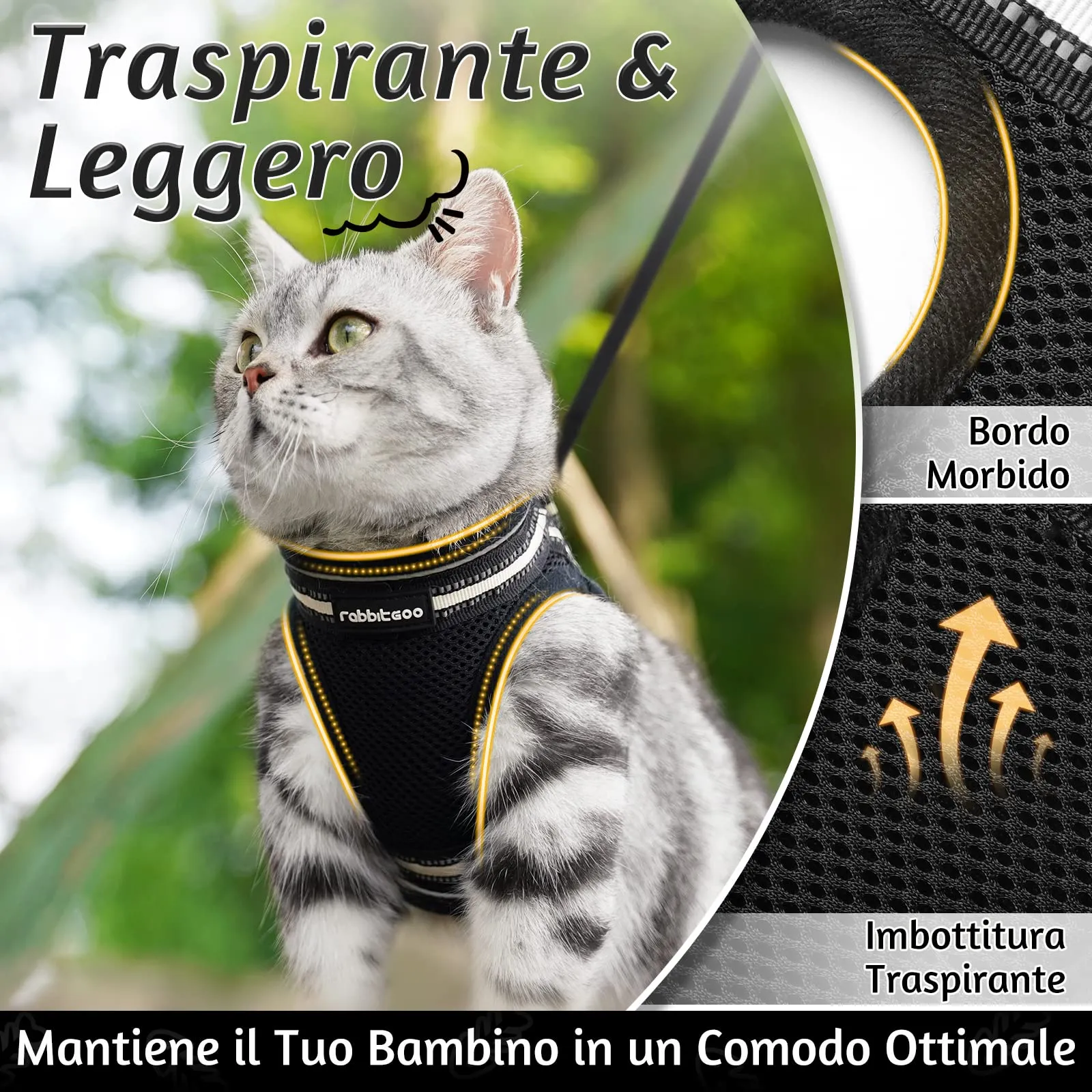 rabbitgoo Pettorina e Guinzaglio Antifuga per Gatti, Riflettente e Regolabile, L, Nero - immagine 5