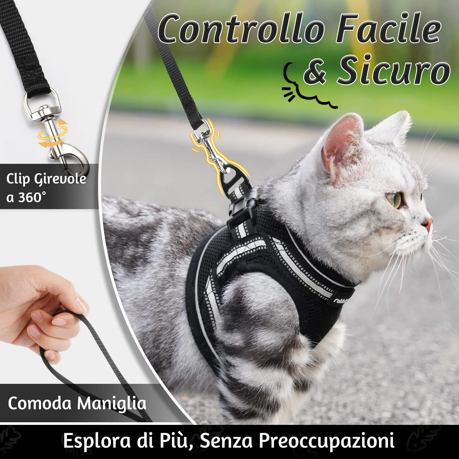 rabbitgoo Pettorina e Guinzaglio Antifuga per Gatti, Riflettente e Regolabile, L, Nero - immagine 7