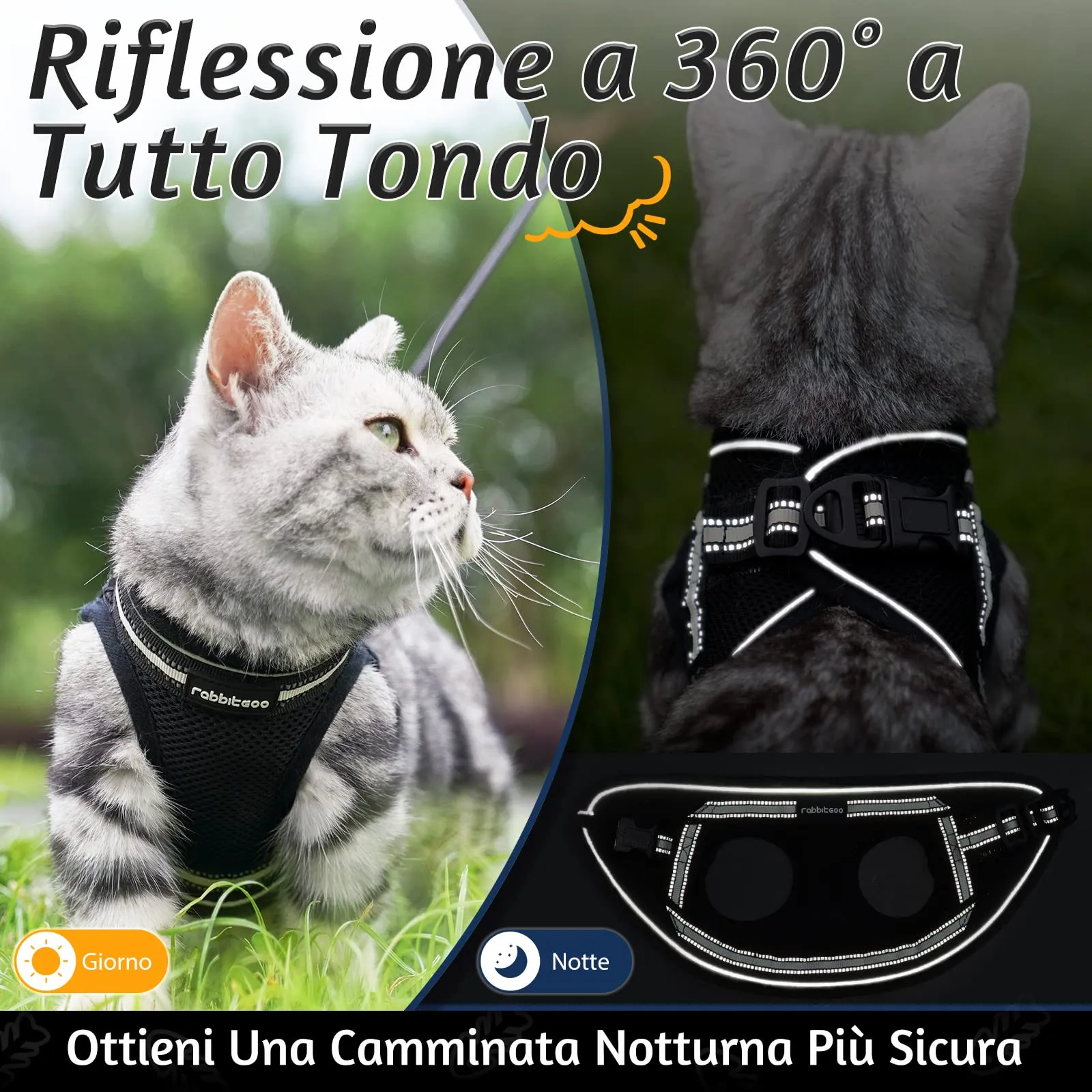 rabbitgoo Pettorina e Guinzaglio Antifuga per Gatti, Riflettente e Regolabile, L, Nero - immagine 8