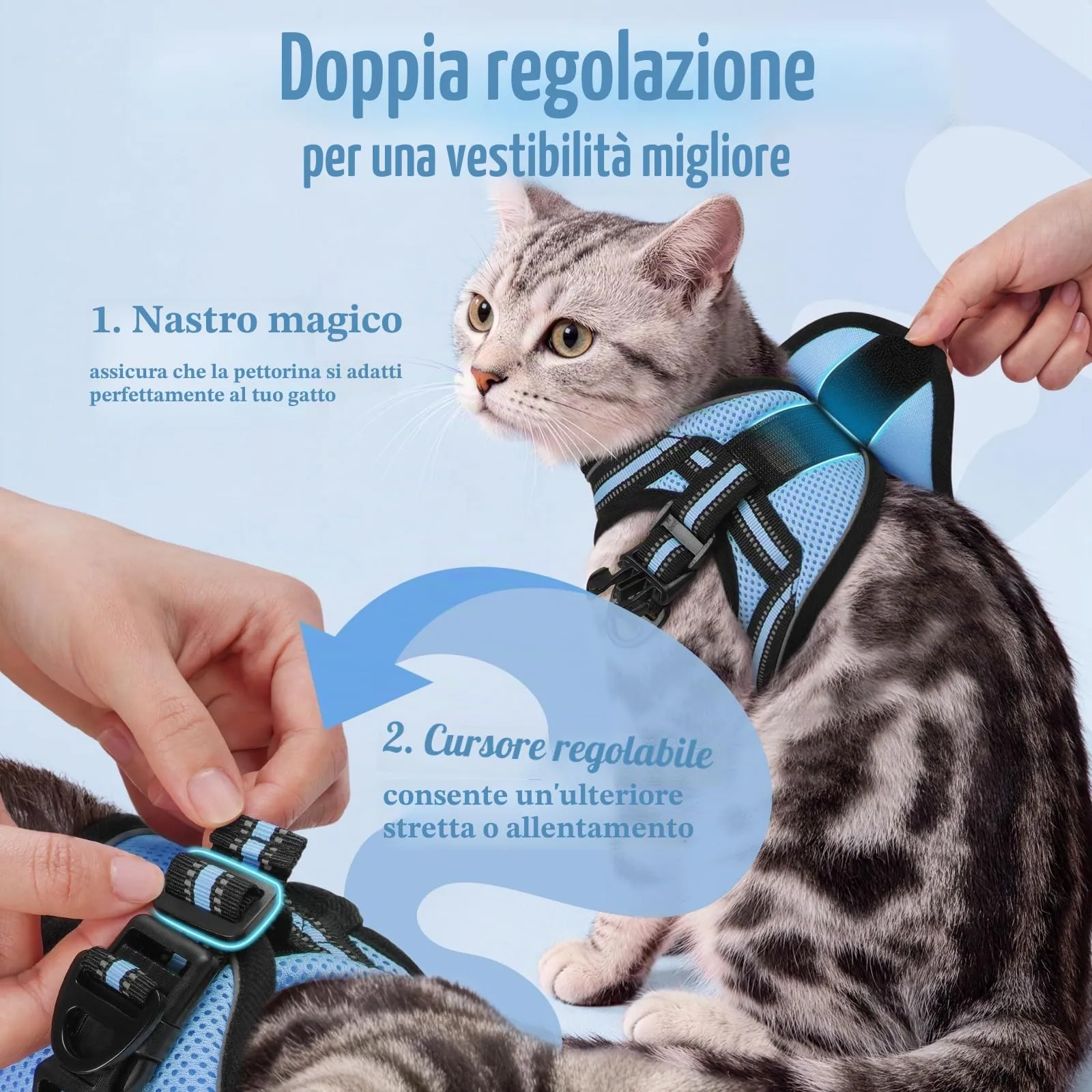 rabbitgoo Pettorina e Guinzaglio Antifuga per Gatti, Riflettente e Regolabile, M, Azzurro - immagine 3