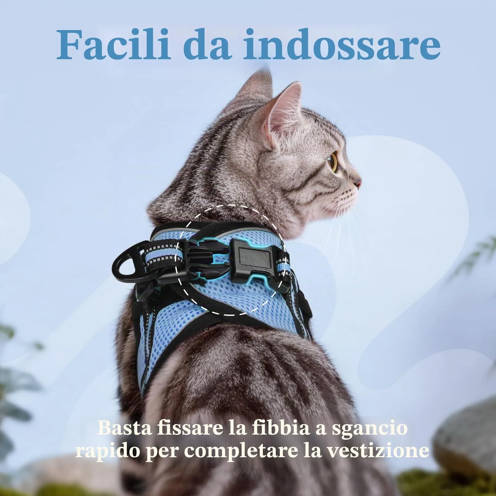 rabbitgoo Pettorina e Guinzaglio Antifuga per Gatti, Riflettente e Regolabile, M, Azzurro - immagine 4