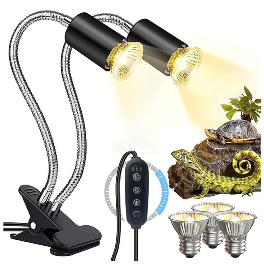 KINGYEENUO Lampada di Calore Rettile a Doppia Testa con Timer, 3 Lampadine (2x50W, 1x25W) UVA + UVB E27, Lampada a Clip Rotabile a 360° per Tartaruga - immagine 1