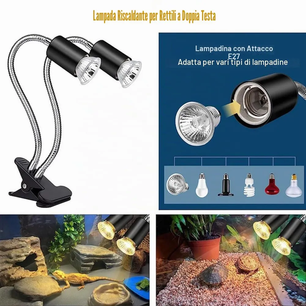 KINGYEENUO Lampada di Calore Rettile a Doppia Testa con Timer, 3 Lampadine (2x50W, 1x25W) UVA + UVB E27, Lampada a Clip Rotabile a 360° per Tartaruga - immagine 3